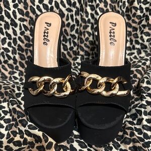 Black and Gold Mules with Chain Detail